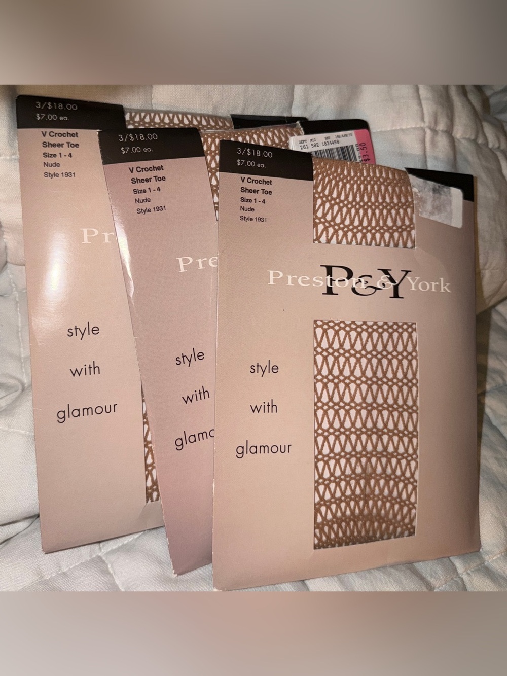 3 Pair Preston & York V Crochet Sheer Toe Nude Tights Fishnet Sexy Lattice NWT
